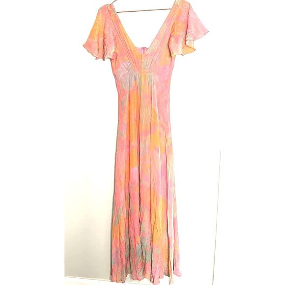 VEDA Multi Corazon Maxi XL Short Sleeve Double-V Neck Empire Smocked Pastel M - Picture 2 of 16